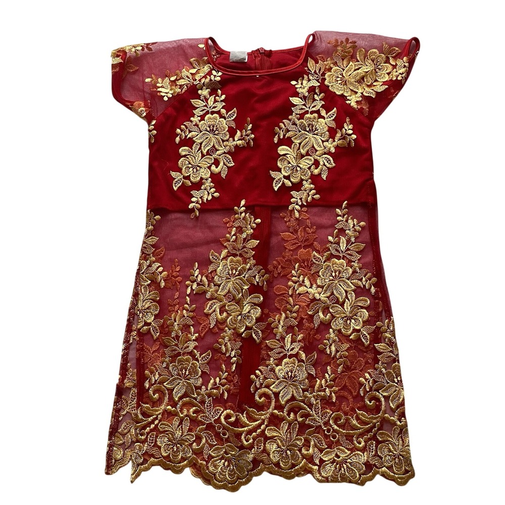 Traditional Vietnamese Red Dress with Gold‎ Floral Embroidery, 5